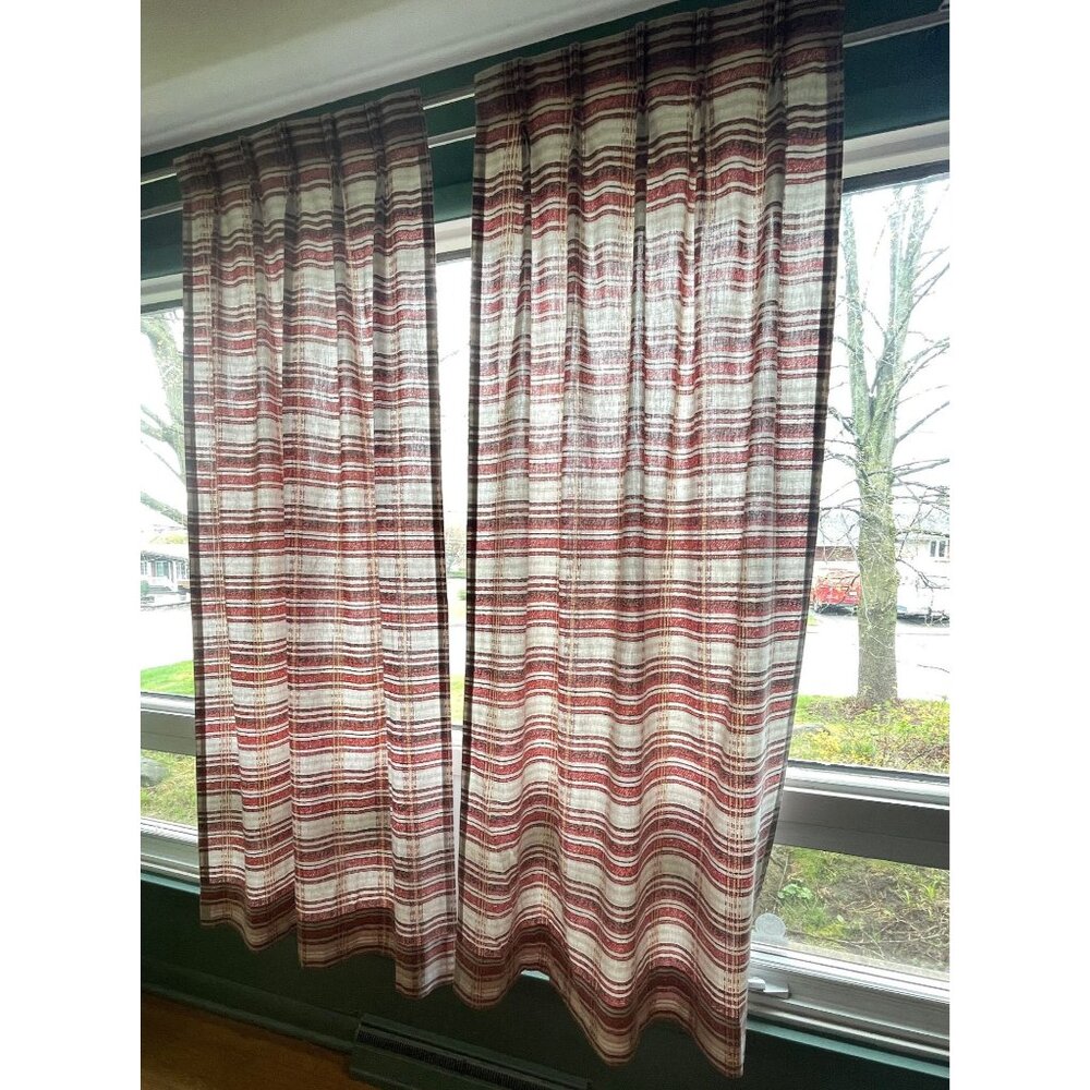 Vintage 70s pleated curtains, pair of red/white stripes or single green panel